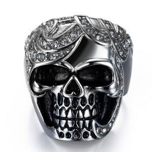 GUNGNEER Silvertone Skull Masonic Ring Stainless Steel Biker Jewelry Set Accessory