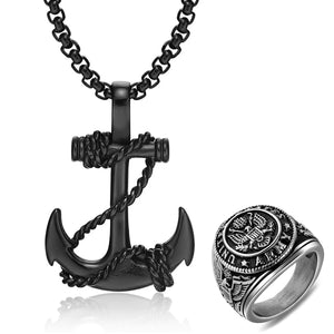 GUNGNEER US Military Army Ring Anchor and Rope Necklace USMC Military Men's Jewelry Combo
