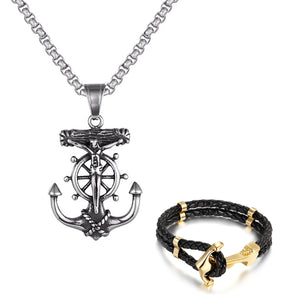 GUNGNEER Men Stainless Steel Anchor Necklace Leather Bracelet United State Military Jewelry Set