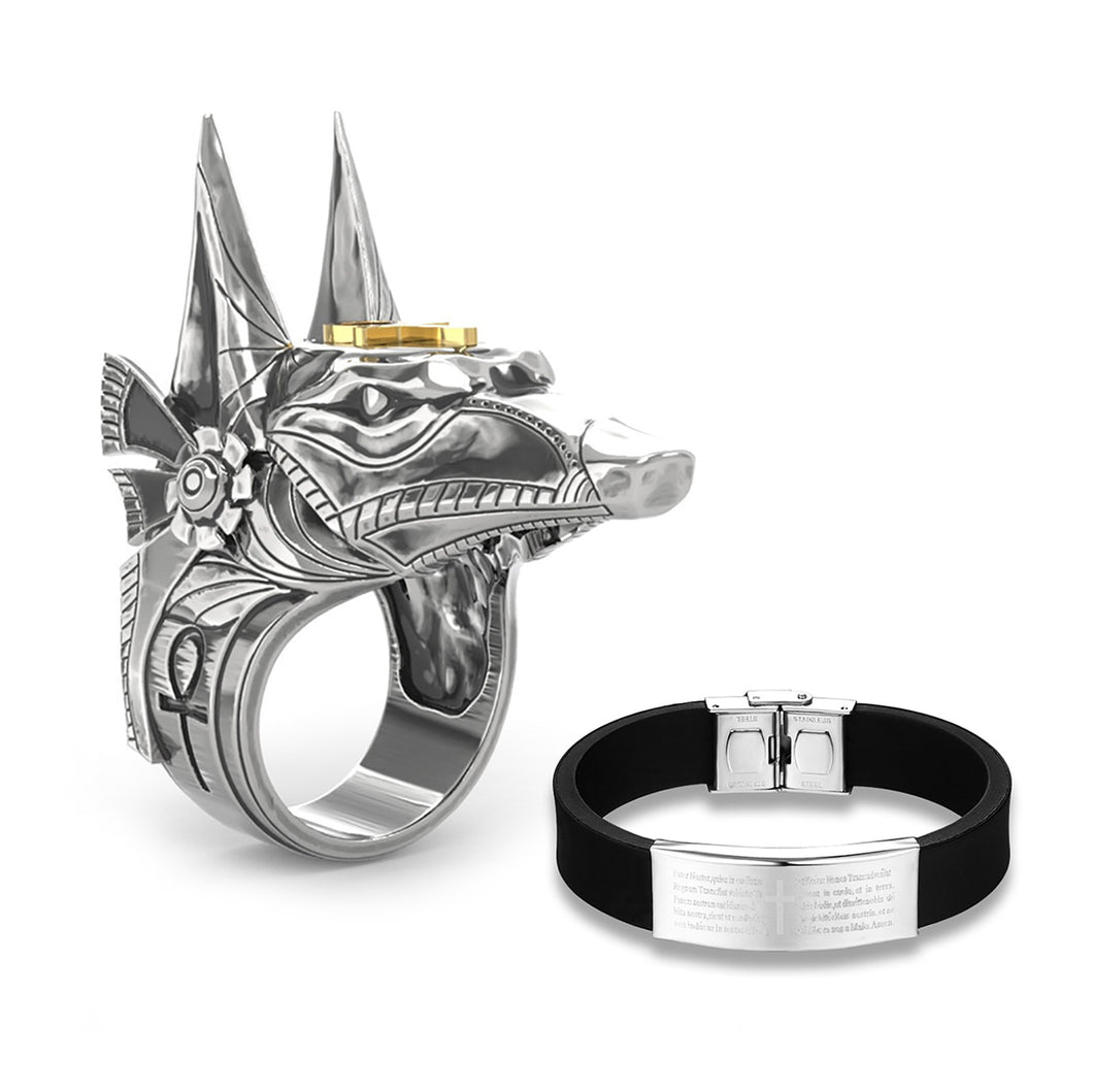 GUNGNEER Stainless Steel Anubis Ankh Cross Finger Ring Bible Ring Egyptian Jewelry Set