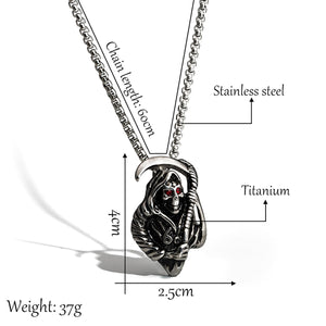 GUNGNEER Grim Reaper Sickle Red Eyes Stainless Steel Pendant Necklace Gothic Jewelry Acccessory