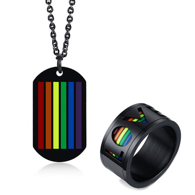 GUNGNEER Love Pride Ring Rainbow Stainless Steel LGBT Lesbian Gay Necklace Jewelry Set