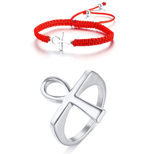 GUNGNEER Ankh Cross Braided Bracelet Lucky Red Adjustable Wristband Ring Egyptian Jewelry Set