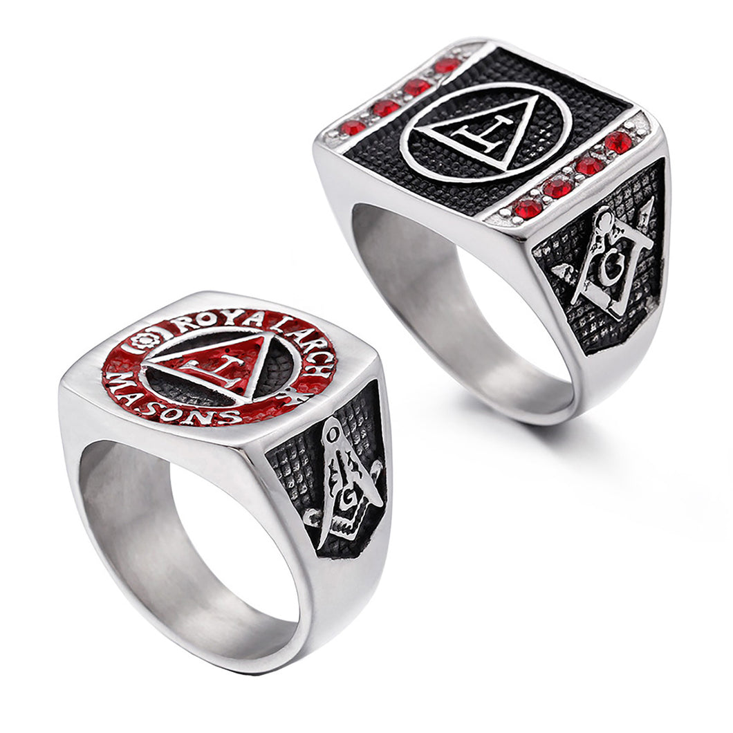 GUNGNEER Silver Red Masonic Ring Multi-size Stainless Steel Freemason Ring Jewelry Set
