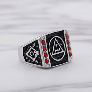GUNGNEER Silver Red Masonic Ring Multi-size Stainless Steel Freemason Ring Jewelry Set
