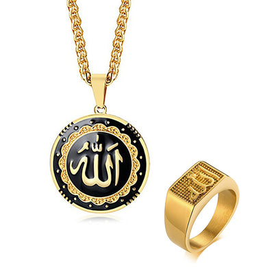 GUNGNEER Stainless Steel Religious Allah Muslim Necklace Islamic Ring Religious Jewelry Set
