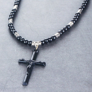 GUNGNEER Leather Christian Cross Necklace Christ Pendant Jewelry Accessory For Men Women