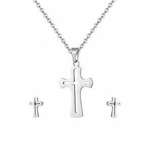 GUNGNEER Stainless Steel Christian Cross Bracelet Necklace Earrings Jesus Jewelry Accessory Set