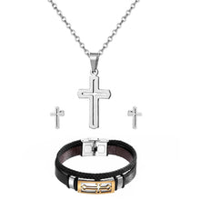 Load image into Gallery viewer, GUNGNEER Stainless Steel Christian Cross Bracelet Necklace Earrings Jesus Jewelry Accessory Set