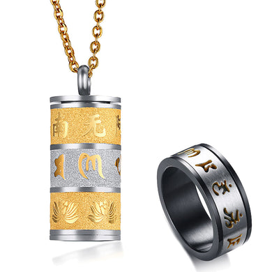 GUNGNEER Stainless Steel Ohm Buddhist Pendant Necklace Mantra Pattern Spinner Ring Jewelry Set
