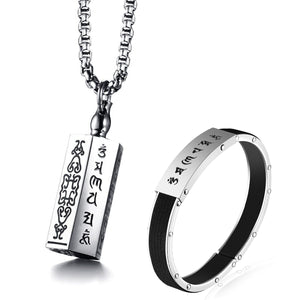 GUNGNEER Stainless Steel Om Six Words Bracelet Buddha Pendant Necklace Jewelry Set For Men