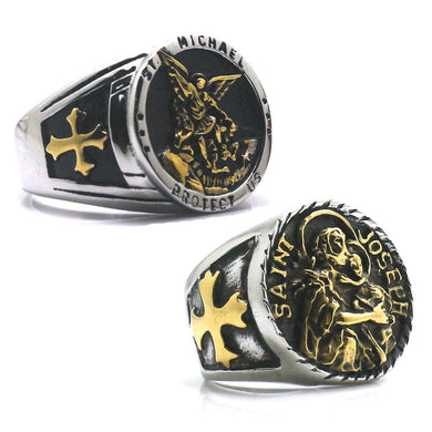 GUNGNEER2 Pcs Cross Saint Michael Joseph Protect Us Ring Stainless Steel Jewelry Set Men