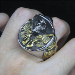 GUNGNEER 2 Pcs Stainless Steel Cool Double Guns Skull Pirate Ring Biker Protection Jewelry Set