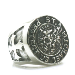 GUNGNEER Men Stainless Steel The Archangel St Michael Protect US Ring Catholic Jewelry Set