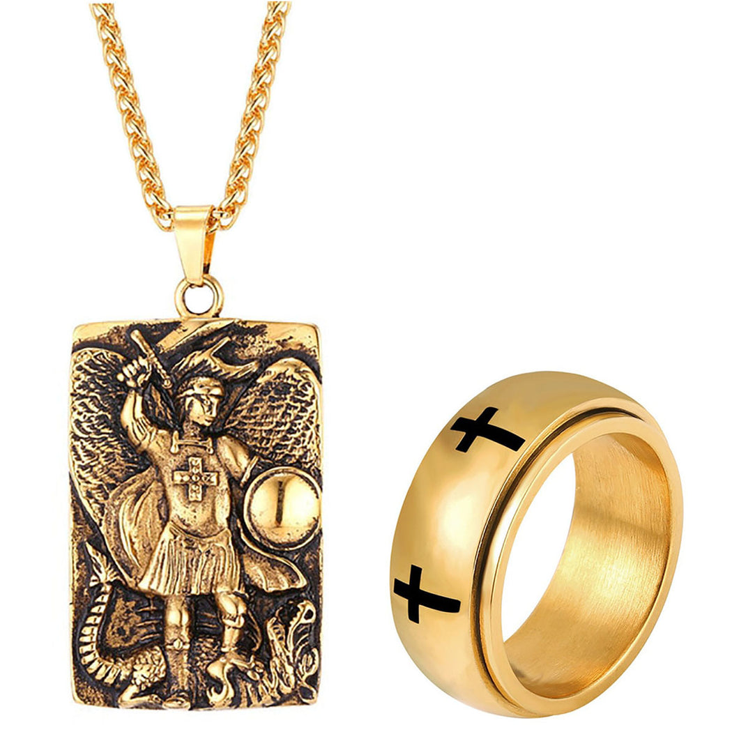 GUNGNEER Stainless Steel St Michael Archangel Necklace Cross Ring Protect Jewelry Set Men Women