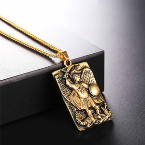 GUNGNEER Stainless Steel St Michael Archangel Necklace Cross Ring Protect Jewelry Set Men Women