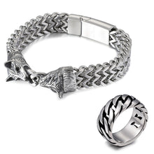 Load image into Gallery viewer, GUNGNEER Viking Norse Fenrir Wolf Bracelet Bangle with Ring Stainless Steel Jewelry Set