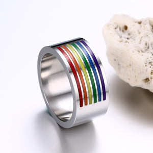 GUNGNEER Stainless Steel Pride Rainbow Necklace LGBT Ring Jewelry Set For Men Women