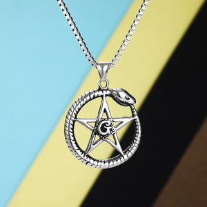 GUNGNEER Pearl Chain Masonic Necklace Stainless Steel Biker Ring For Men Jewelry Set