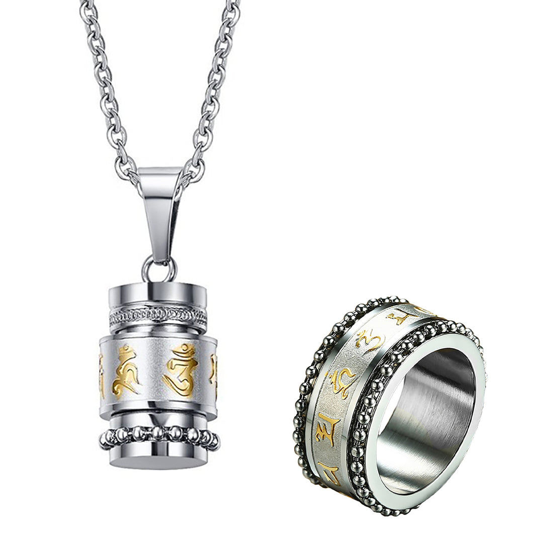 GUNGNEER Stainless Steel Hindu Om Ring Strength Buddhist Necklace Prayer Jewelry Set For Men