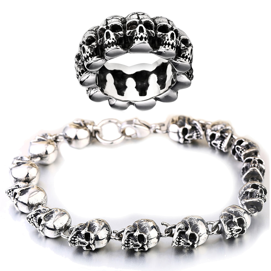 GUNGNEER Stainless Steel Skeleton Skull Charm Halloween Bracelet Ring Jewelry Set Men Women
