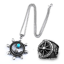 Load image into Gallery viewer, GUNGNEER Men Navy Rudder Wheel Anchor Necklace Ring Stainless Steel US Military Jewelry Set