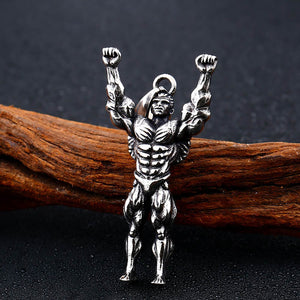 GUNGNEER Workout Strong Man Pendant Necklace Stainless Steel Gym Sport Jewelry Men Women