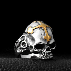 GUNGNEER Stainless Steel Skull Skeleton Ring Leather Bracelet Halloween Jewelry Set Men Women