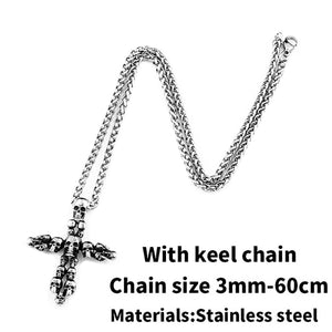 GUNGNEER Biker Punk Stainless Steel Cross Skeleton Skull Necklace Leather Bracelet Jewelry Set