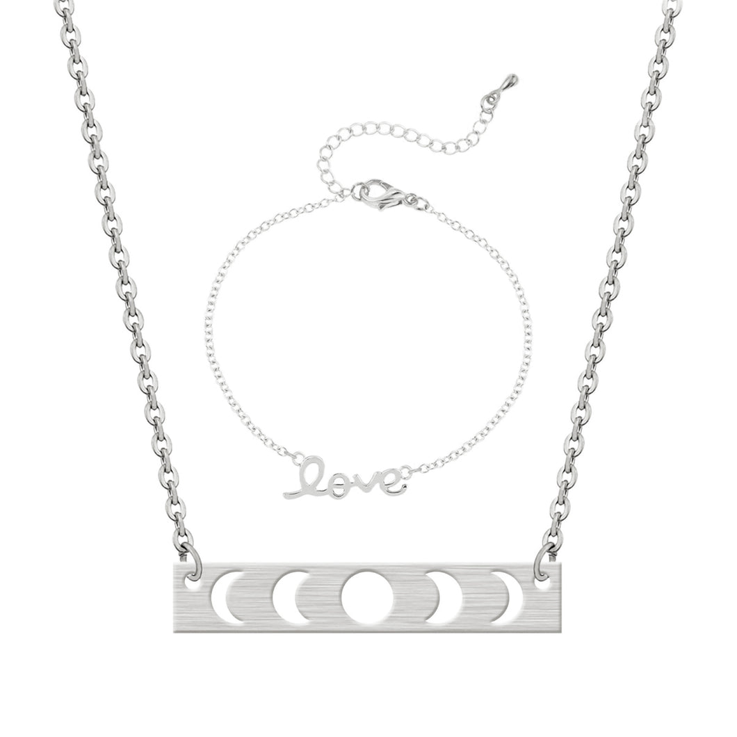 GUNGNEER Stainless Steel Wicca Moon Phase Pendant Necklace Love Curb Chain Bracelet Jewelry Set