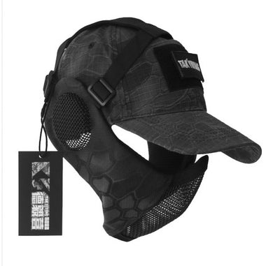 2TRIDENTS Tactical Foldable Mesh Mask with Ear Protection with Cap for Hunting, Outdoor Sport, Cycling, Motorcycling, ATV, Jet Skiing, Airsoft, Paintball, CS and More (Black)