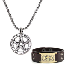 Load image into Gallery viewer, GUNGNEER Vintage Triple Moon Goddess Wicca Pentagram Necklace Leather Bracelet Jewelry Set