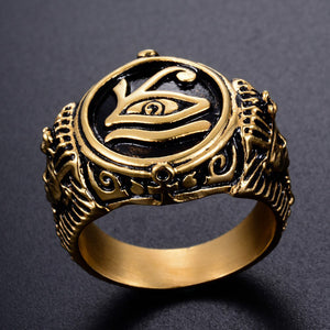 GUNGNEER Stainless Steel Horus Eyes Round Pendant Necklace Pyramid Egypt Ring Jewelry Set