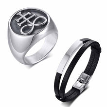 Load image into Gallery viewer, GUNGNEER Stainless Steel Leviathan Satan Cross Ring Leather Bracelet Jewelry Set Gift