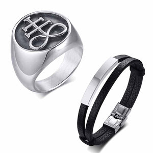 GUNGNEER Stainless Steel Leviathan Satan Cross Ring Leather Bracelet Jewelry Set Gift