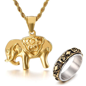 GUNGNEER Stainless Steel Om Mani Mandala Ring Buddhist Elephant Pendant Jewelry Set For Men