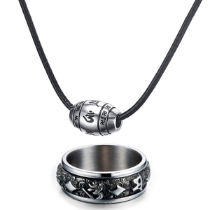 GUNGNEER Om Pendant Necklace Buddhism Sanskrit Mantra Ring Jewelry Set For Men Women