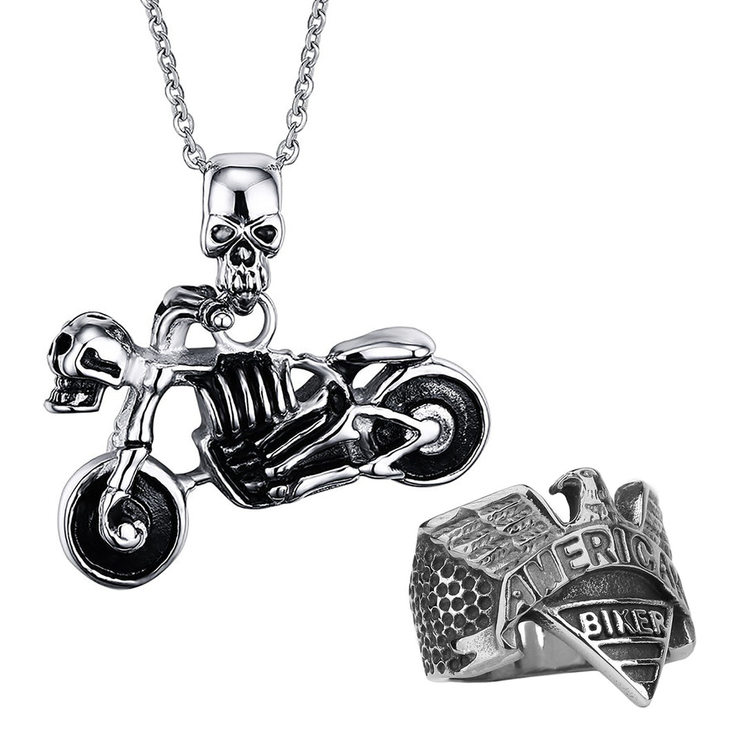 GUNGNEER Eagle Biker Motorcycle Stainless Steel Skull Necklace Ring Jewelry Accessories Set Men