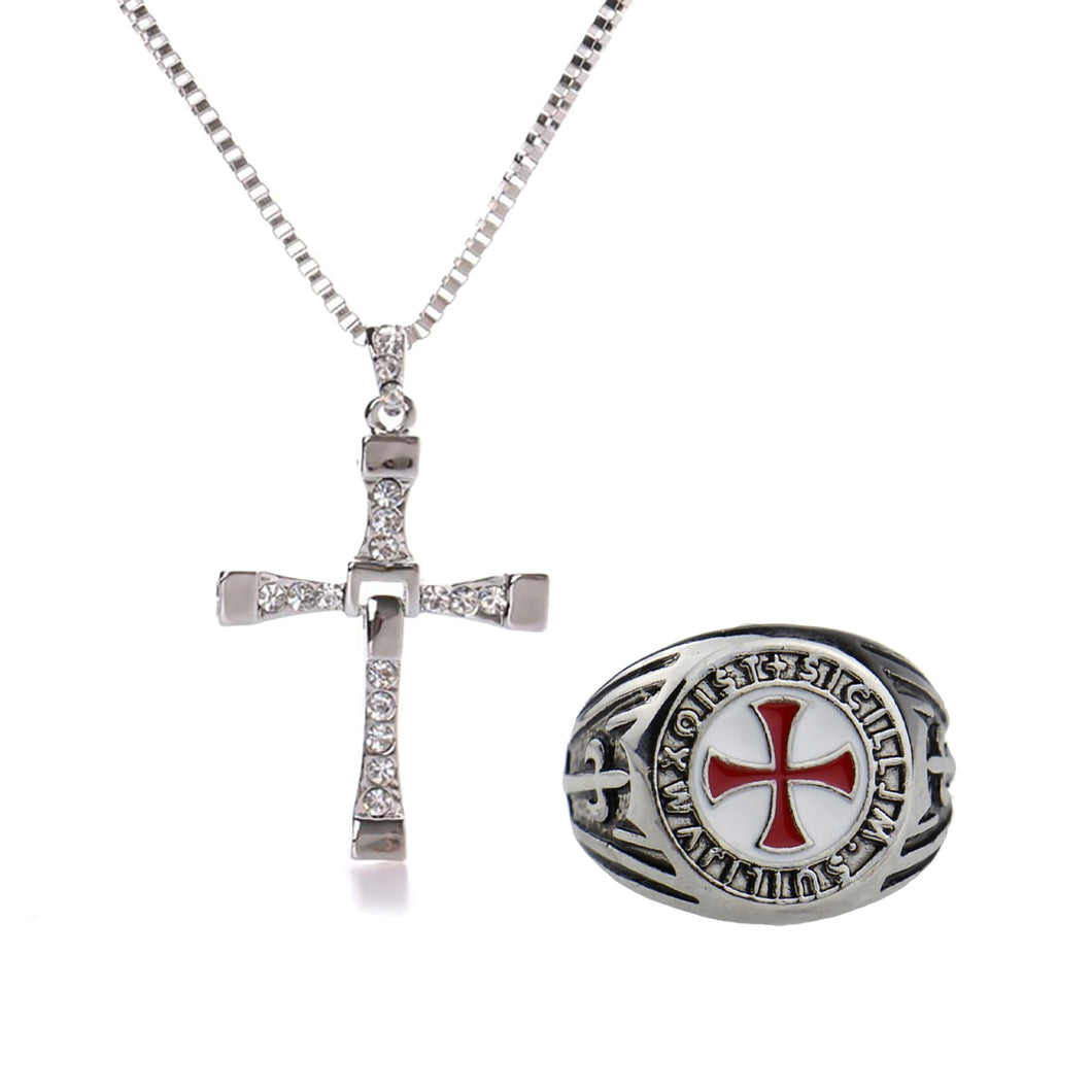 GUNGNEER Stainless Steel Knight Templar Red Cross Ring with Bracelet Jewelry Set Accessories