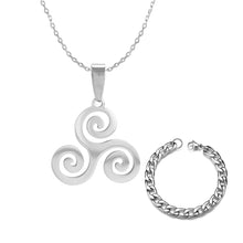 Load image into Gallery viewer, GUNGNEER Stainless Steel Celtic Triskele Pendant Necklace Curb Chain Bracelet Jewelry Set