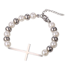 Load image into Gallery viewer, GUNGNEER Christian Cross Pearl Beaded Bracelet Necklace Stainless Steel God Chain Jewelry Set