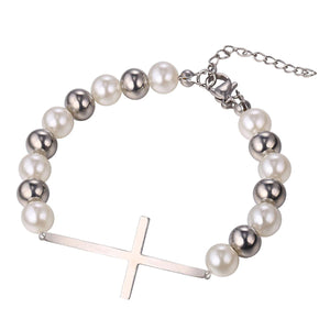 GUNGNEER Christian Cross Pearl Beaded Bracelet Necklace Stainless Steel God Chain Jewelry Set