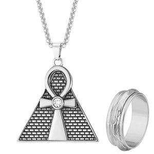 GUNGNEER Pyramid Ankh Egyptian Cross Pendant Necklace Spinner Ring Stainless Steel Jewelry Set