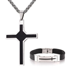 Load image into Gallery viewer, GUNGNEER Stainless Steel Cross Christian Necklace Leather Bracelet Jewelry Set for Men Women