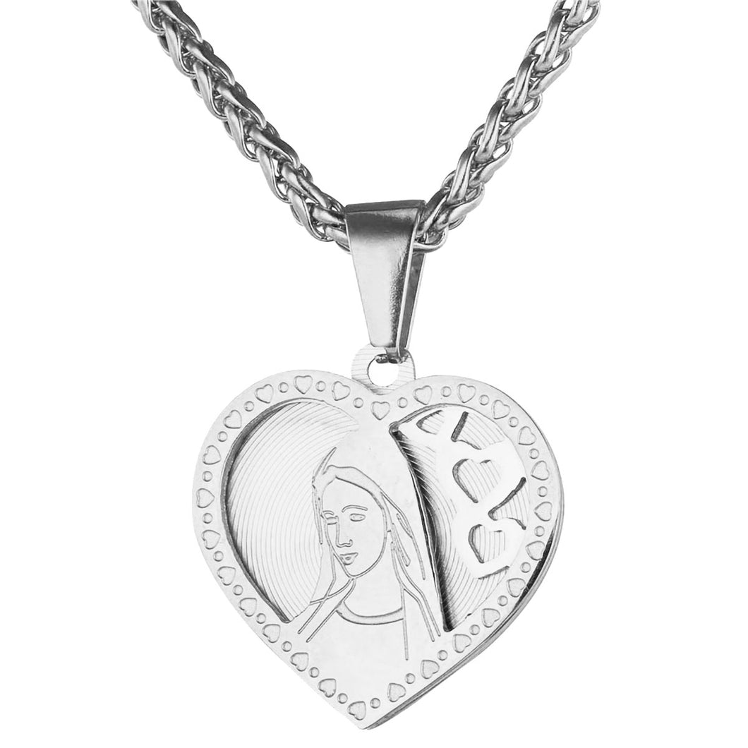 GUNGNEER Stainless Steel Religious Heart Virgin Mary Pendant Necklace Jewelry Gift Men Women