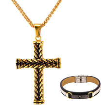 Load image into Gallery viewer, GUNGNEER Men Stainless Steel Christian Jesus Cross Necklace Bible Leather Bracelet Jewelry Set