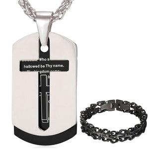 GUNGNEER Men Christian Necklace Dog Tag Bible Cross Link Chain Bracelet Jewelry Accessory Set