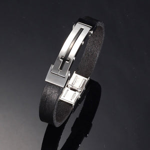 GUNGNEER Stainless Steel Cross Christian Necklace Leather Bracelet Jewelry Set for Men Women