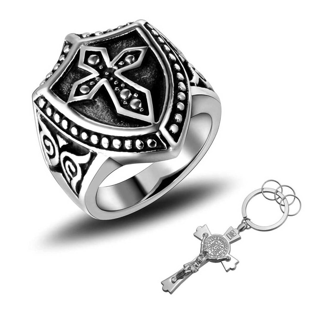 GUNGNEER Shield Knight Templar Crusader Cross Ring with Pendant Stainless Steel Jewelry Set