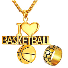Load image into Gallery viewer, GUNGNEER Stainless Steel I Love Basketball Necklace Football Band Ring Sports Jewelry Set